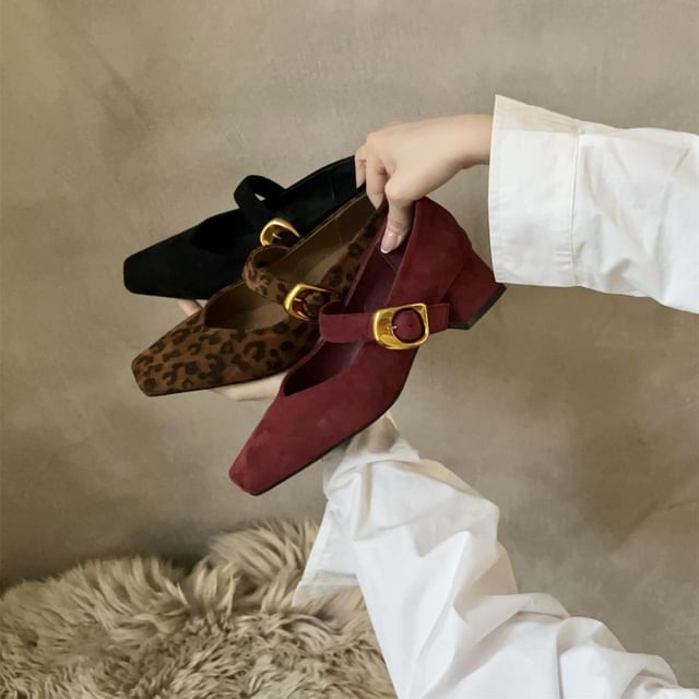 Chunky Heel Buckled Faux Suede Mary Jane Pumps