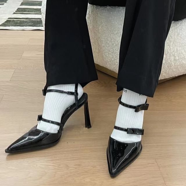 Stiletto Pointed Toe Ankle Strap Bow Accent Patent Leather Sandals