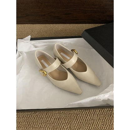 Pointed Toe Plain Faux Leather Mary Jane Shoes