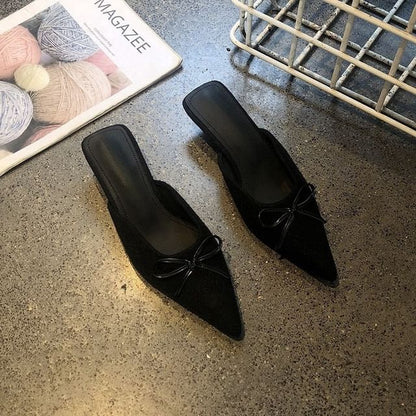 Chunky Heel Pointed Toe Plain Bow Accent Mules