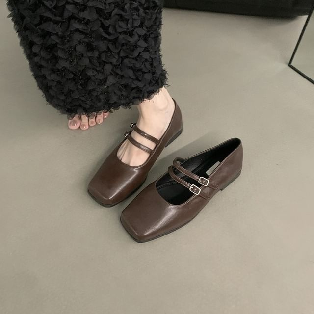 Square Toe Double Strap Faux Leather Mary Jane Shoes