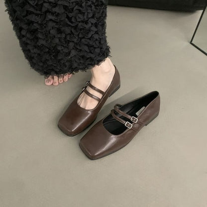 Square Toe Double Strap Faux Leather Mary Jane Shoes