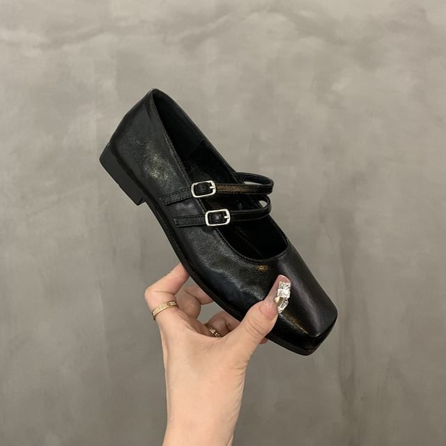 Square Toe Double Strap Faux Leather Mary Jane Shoes