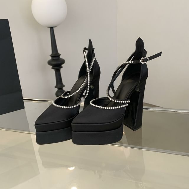 Chunky Heel Pointed Toe Rhinestone Accent D'Orsay Pumps