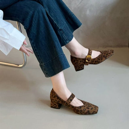 Chunky Heel Buckled Faux Suede Mary Jane Pumps