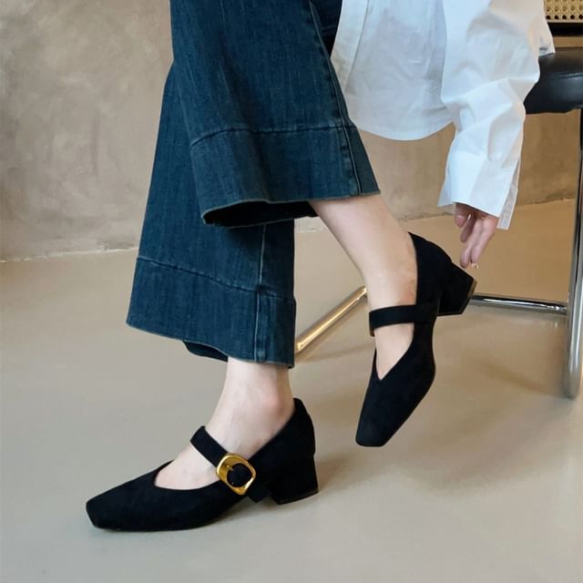 Chunky Heel Buckled Faux Suede Mary Jane Pumps