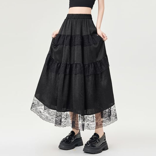 High Rise Plain Lace Trim Maxi A-Line Skirt