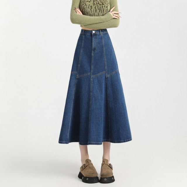 High Rise Contrast Stitching Denim Midi A-Line Skirt