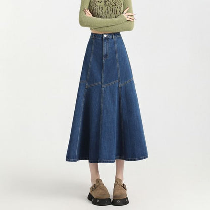 High Rise Contrast Stitching Denim Midi A-Line Skirt