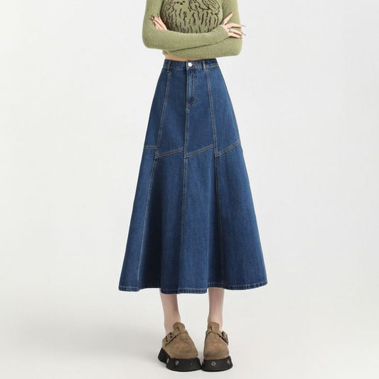 High Rise Contrast Stitching Denim Midi A-Line Skirt