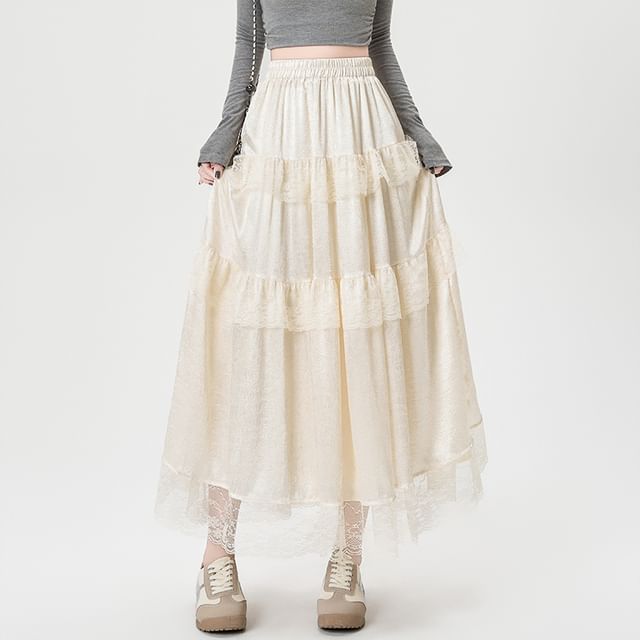 High Rise Plain Lace Trim Maxi A-Line Skirt
