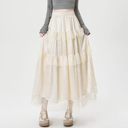 High Rise Plain Lace Trim Maxi A-Line Skirt