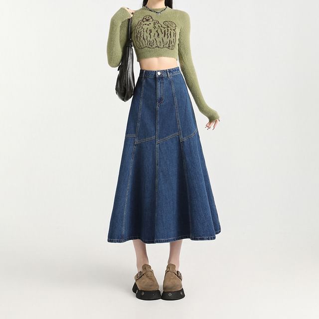 High Rise Contrast Stitching Denim Midi A-Line Skirt