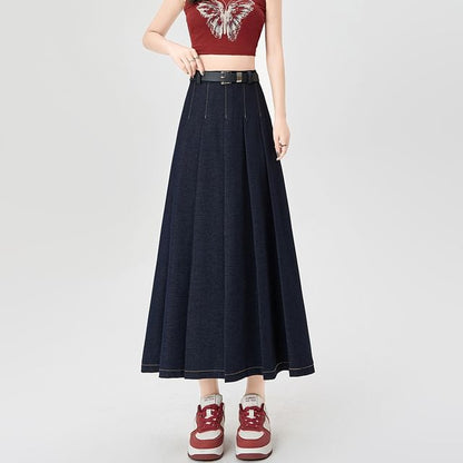 High Rise Contrast Stitching Accordion Pleated Denim Maxi A-Line Skirt