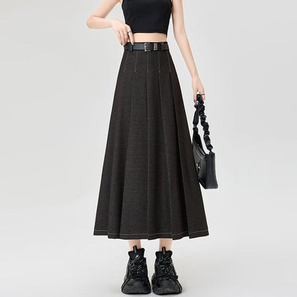 High Rise Contrast Stitching Accordion Pleated Denim Maxi A-Line Skirt