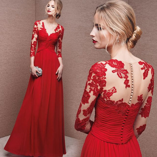 Lace Sheath V-Neck 3/4-Sleeve Floral Gown Evening