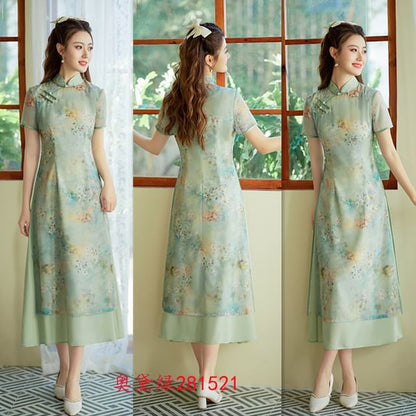 Short Sleeve Floral Print Panel Midi A-Line Qipao