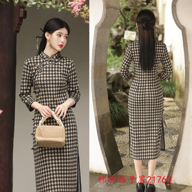 3/4 Sleeve Plaid Midi Sheath Qipao