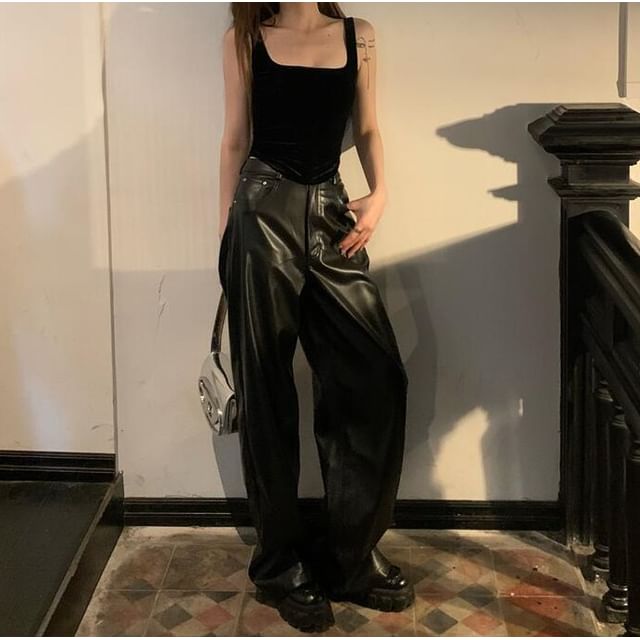 Square Neck Plain Camisole Top / High Rise Faux Leather Flared Pants