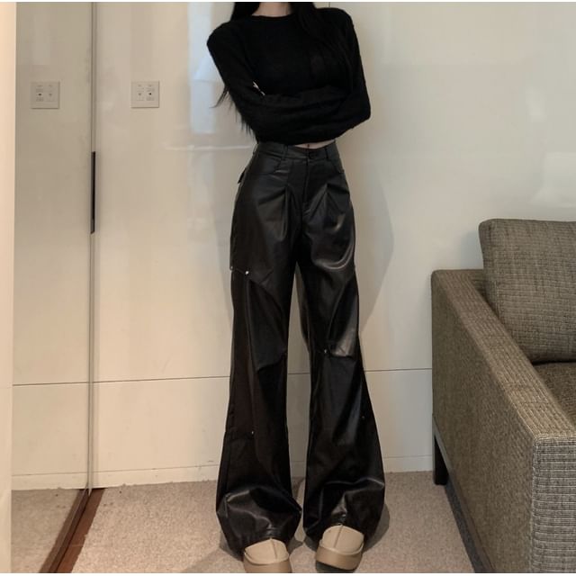 Long-Sleeve Round Neck Plain Crop Top / High Rise Plain Faux Leather Wide Leg Pants