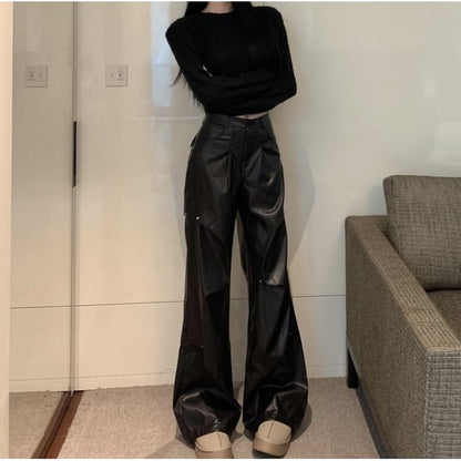 Long-Sleeve Round Neck Plain Crop Top / High Rise Plain Faux Leather Wide Leg Pants