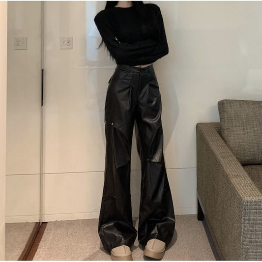 Long-Sleeve Round Neck Plain Crop Top / High Rise Plain Faux Leather Wide Leg Pants