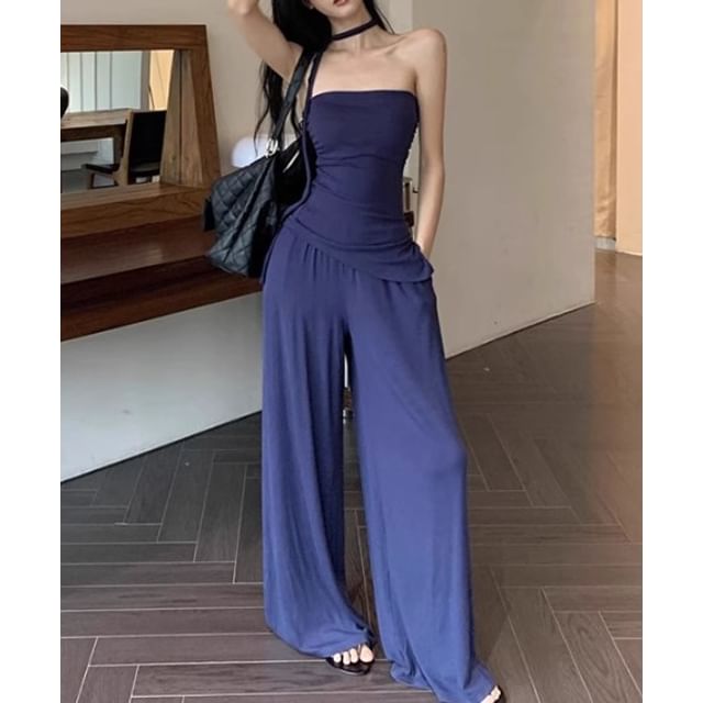 Strapless Plain Tube Top / Drawstring Waist Plain Wide Leg Pants
