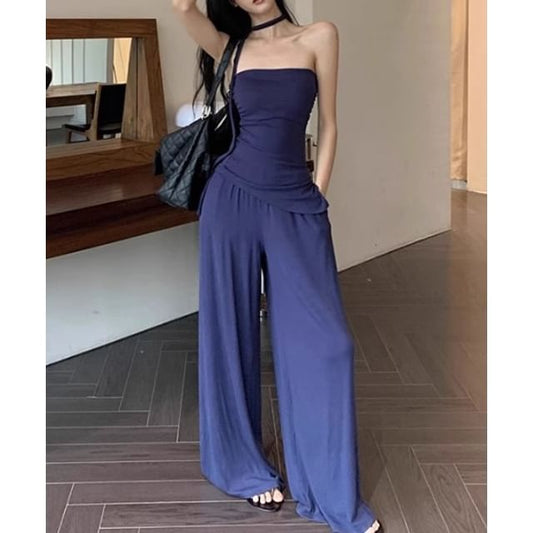 Strapless Plain Tube Top / Drawstring Waist Plain Wide Leg Pants