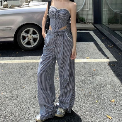 Strapless Striped Tube Top / Mid Waist Wide Leg Pants