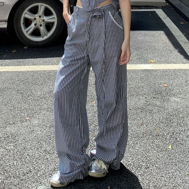 Strapless Striped Tube Top / Mid Waist Wide Leg Pants