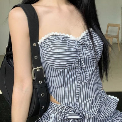 Strapless Striped Tube Top / Mid Waist Wide Leg Pants