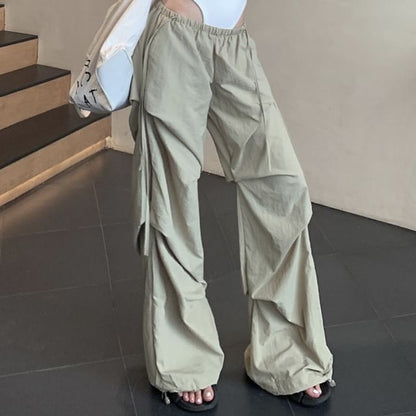 Sleeveless Round Neck Plain Bodysuit Top / Low Waist Plain Ruched Wide Leg Pants