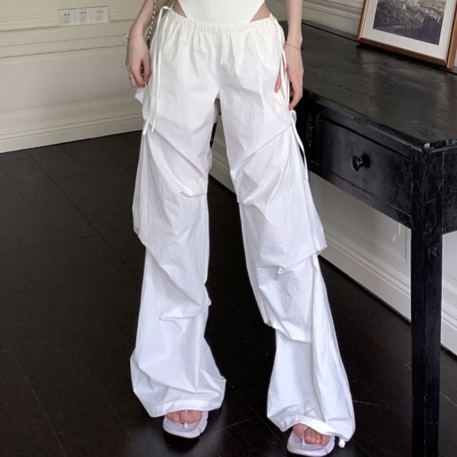 Sleeveless Round Neck Plain Bodysuit Top / Low Waist Plain Ruched Wide Leg Pants