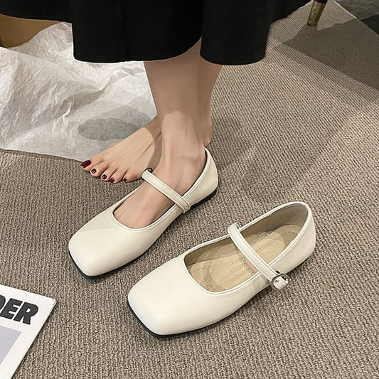 Square Toe Plain Faux Leather Mary Jane Flats