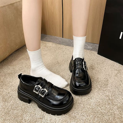 Platform Plain Buckled Faux Leather Shoes
