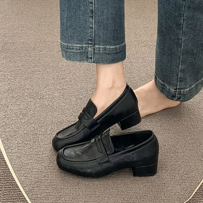 Chunky Heel Plain Faux Leather Penny Loafers