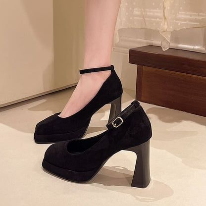 Chunky Heel Square Toe Ankle Strap Plain Pumps