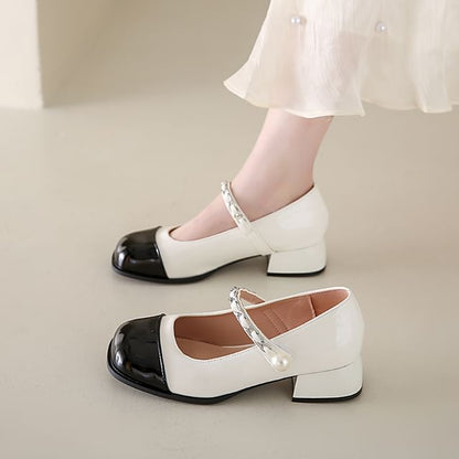 Chunky Heel Cap Toe Faux Pearl Accent Mary Jane Pumps