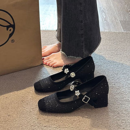 Chunky Heel Sequin Metal Accent Mary Jane Pumps