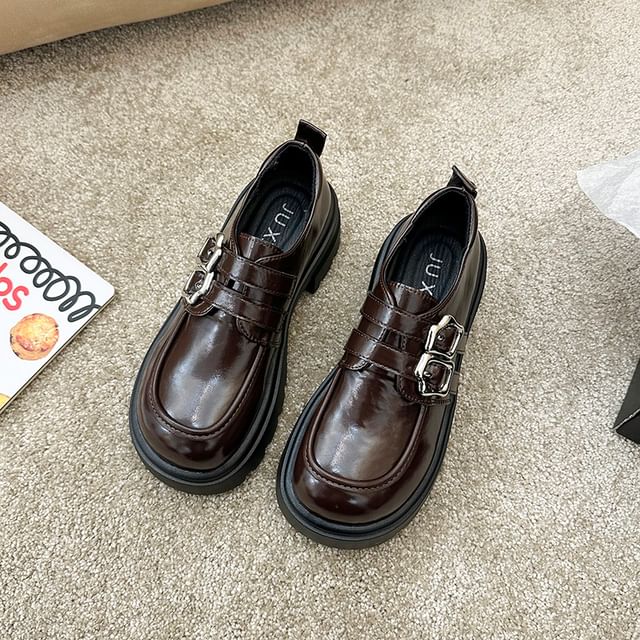 Platform Plain Buckled Faux Leather Shoes