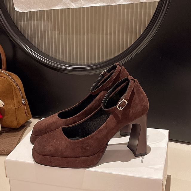 Chunky Heel Square Toe Ankle Strap Plain Pumps