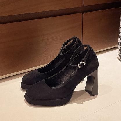 Chunky Heel Square Toe Ankle Strap Plain Pumps