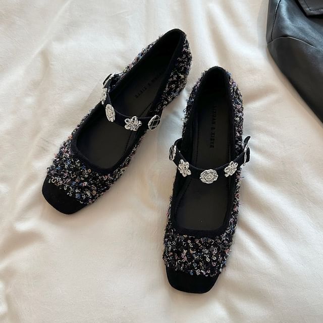 Chunky Heel Sequin Metal Accent Mary Jane Pumps