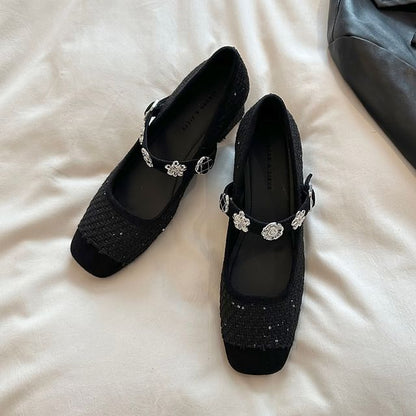 Chunky Heel Sequin Metal Accent Mary Jane Pumps