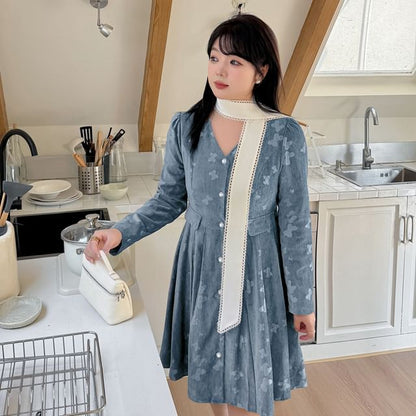 Plus Size Long-Sleeve V-Neck Floral Print Button-Up A-Line Dress