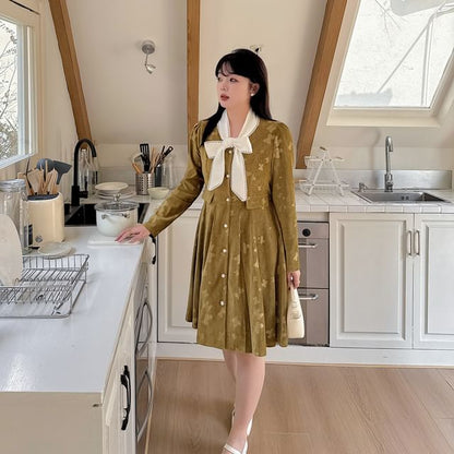 Plus Size Long-Sleeve V-Neck Floral Print Button-Up A-Line Dress