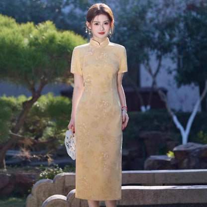 Short-Sleeve Floral Maxi Qipao