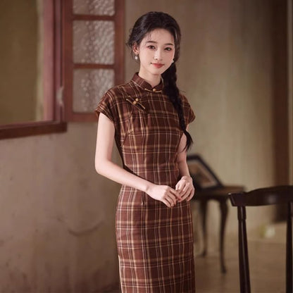 Short-Sleeve Plaid Maxi Qipao