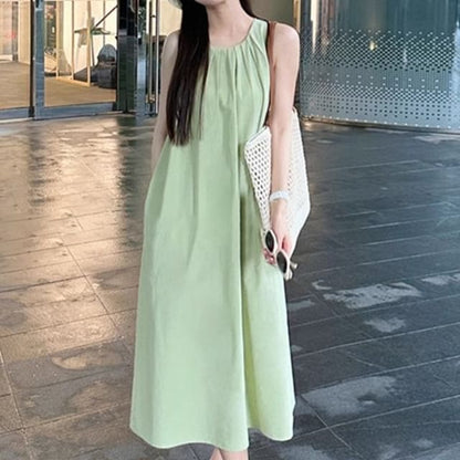 Dress Pleated Sleeveless Midi A-Line Round Neck Plain