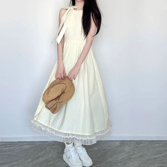 Neck Bow Maxi Mesh A-Line Round Panel Plain Dress Sleeveless